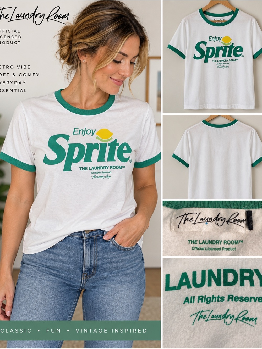 The Laundry Room White Ringer Tee with Green and Yellow Sprite Logo